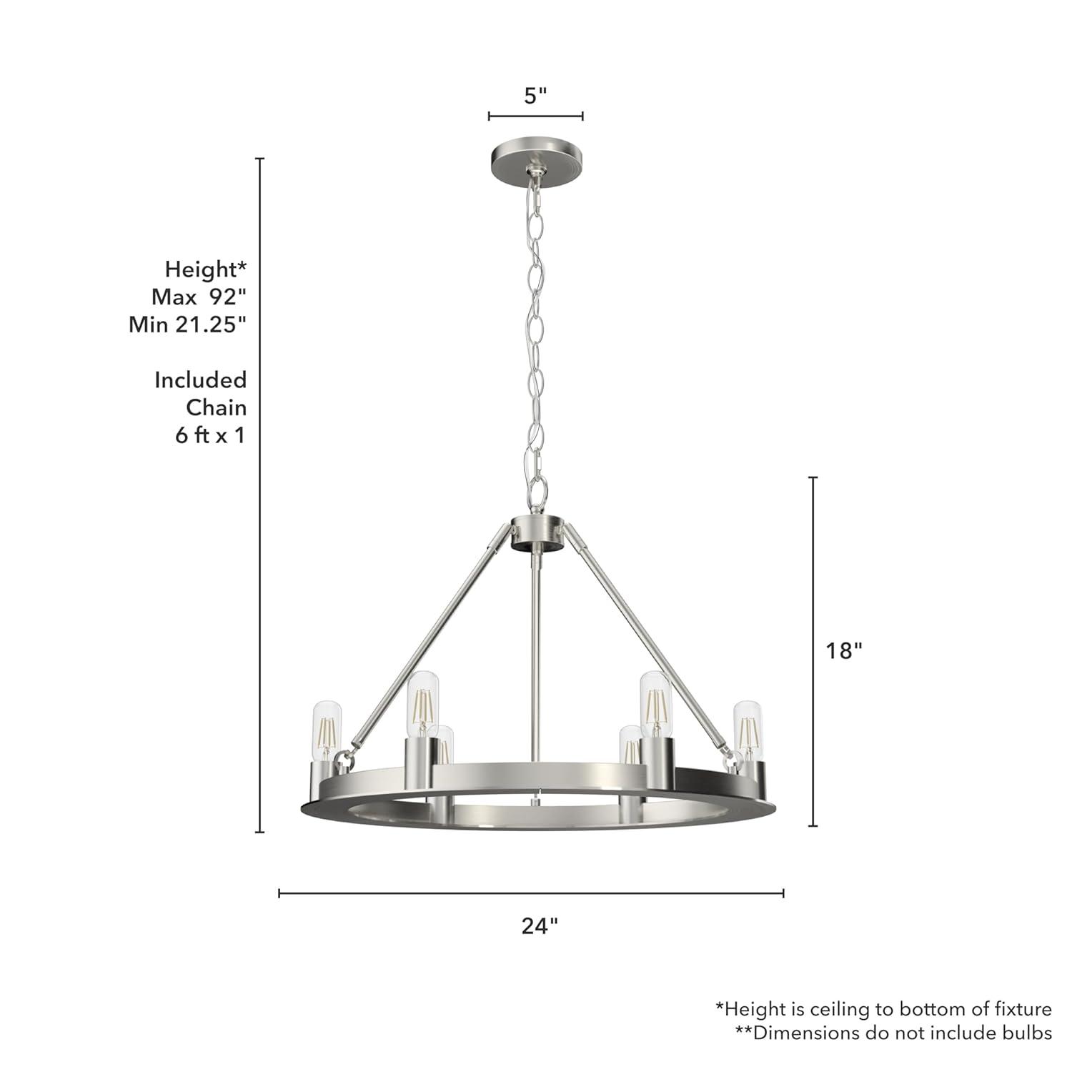 Hunter - Saddlewood 6-light Brushed Nickel, Large Chandelier, Dimmable, Casual Style, Wagon Wheel Shaped, for Bedrooms, Kitchens, Dining, Living Rooms - 19034
