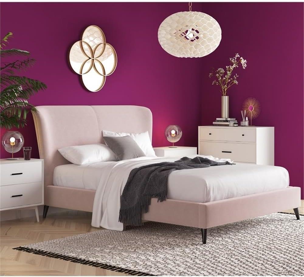 Queen Blush Pink Velvet Upholstered Wingback Bed with Wood Frame