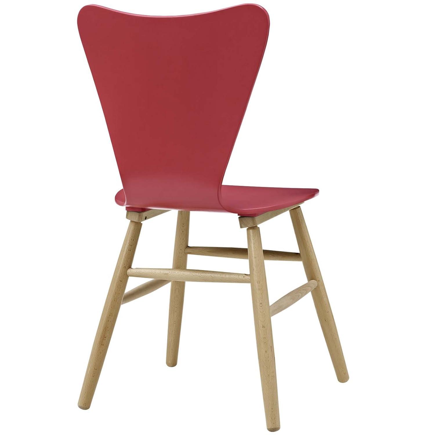 Modway Cascade Wood Dining Chair Red – Mid-Century Modern Dining Side Chair with Curved Back and Natural Wood Legs