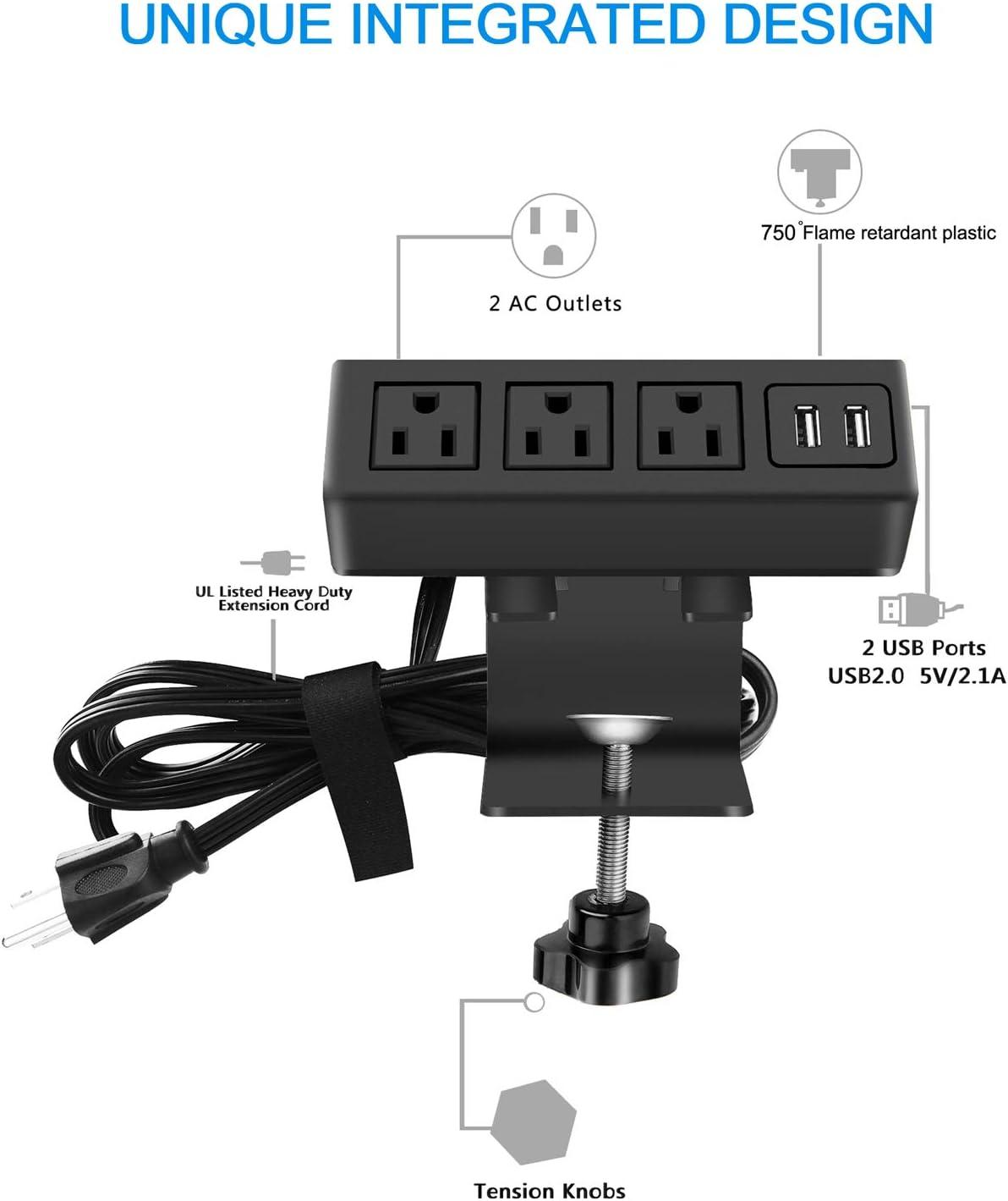 Desktop Clamp Power Strip with USB, Surge Protector Power Charging Station Outlet with 3 Plugs 3 USB A 1 USB C PD 18W Fast Charging, Desk Mount Multi-Outlets for Home Office Garage Workshop