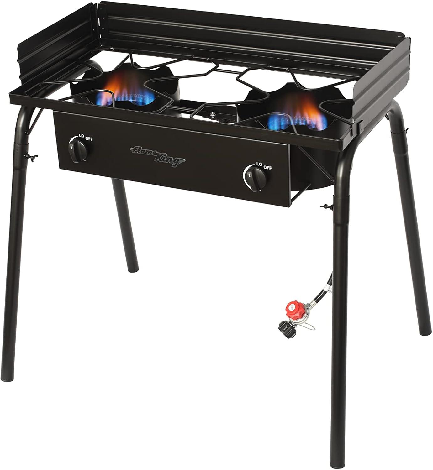 Flame King Standup 2 Burner Camp Stove, Propane Camping Stove, 200K BTU, Black, 31” x 16” x 35”