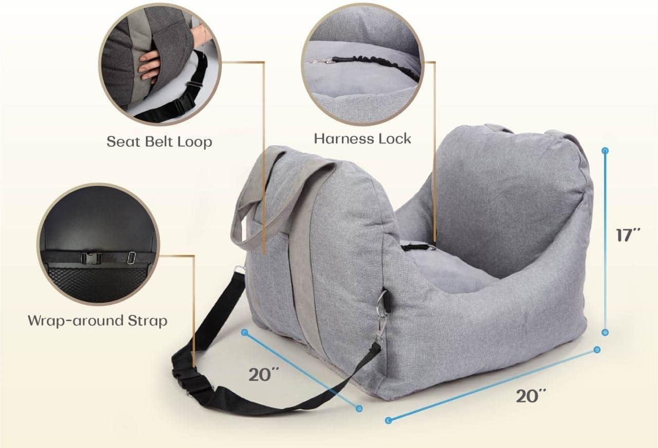 Light Gray Plush Dog Car Seat Carrier with Handles