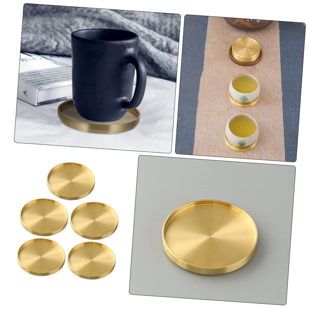 HERFIER 5pcs Copper Cup Coasters Cup Mats Saucers Teacup Storage Holder Coffee Cup Mats 2.59x2.59x0.24in