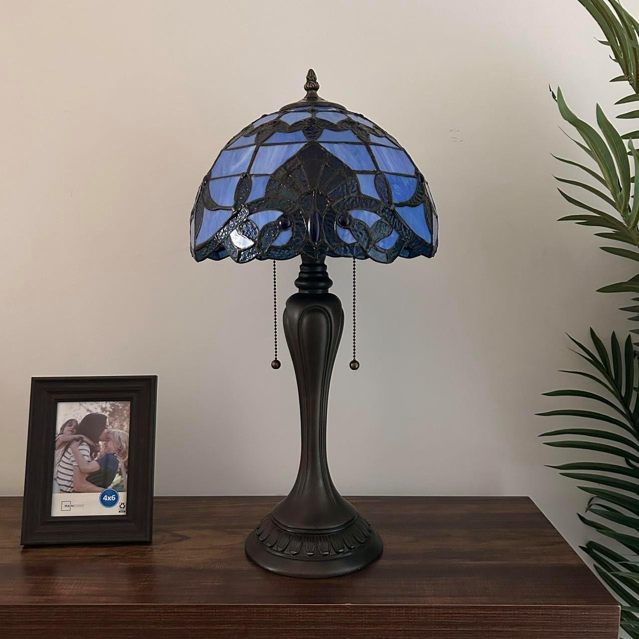 Tiffany Table Lamp Blue Stained Glass Baroque Style Lavender LED Bulbs Included for Living Room Dining Room Bedroom 12"W*12"D*22"H
