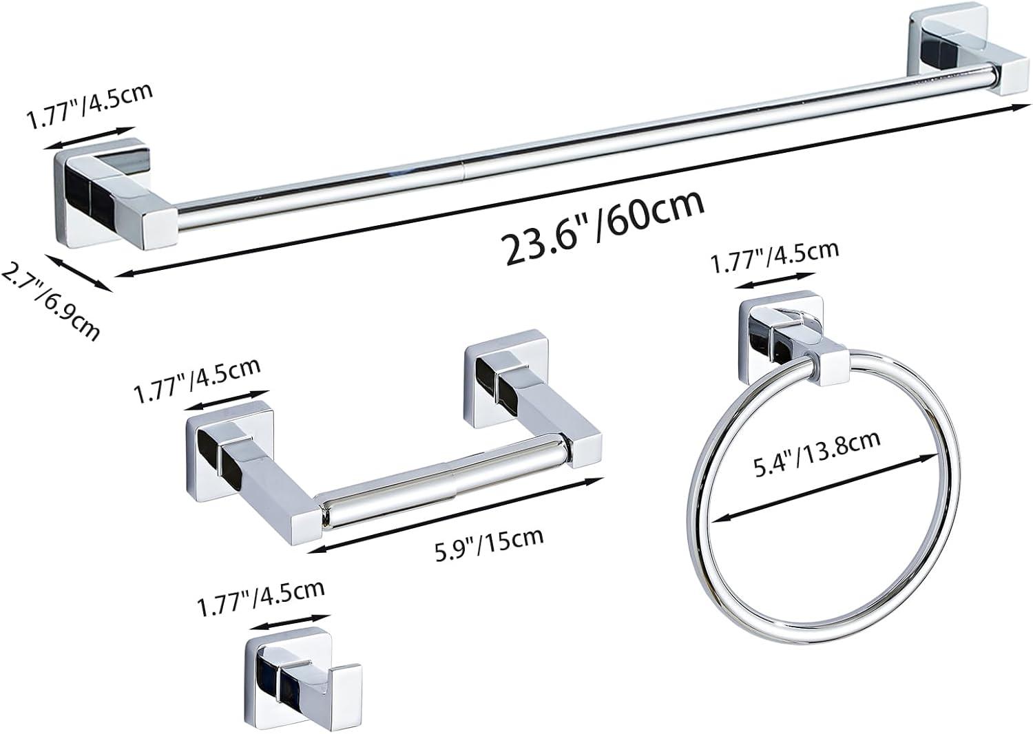 Chrome Bathroom Hardware Set 4 Pieces,Bathroom Accessories Set Stainless Steel Wall Mounted, Hand Towel Bar, Towel Ring, Robe Towel Hooks,Toilet Paper Holder,Towel Bar Set, 23.6 Inch
