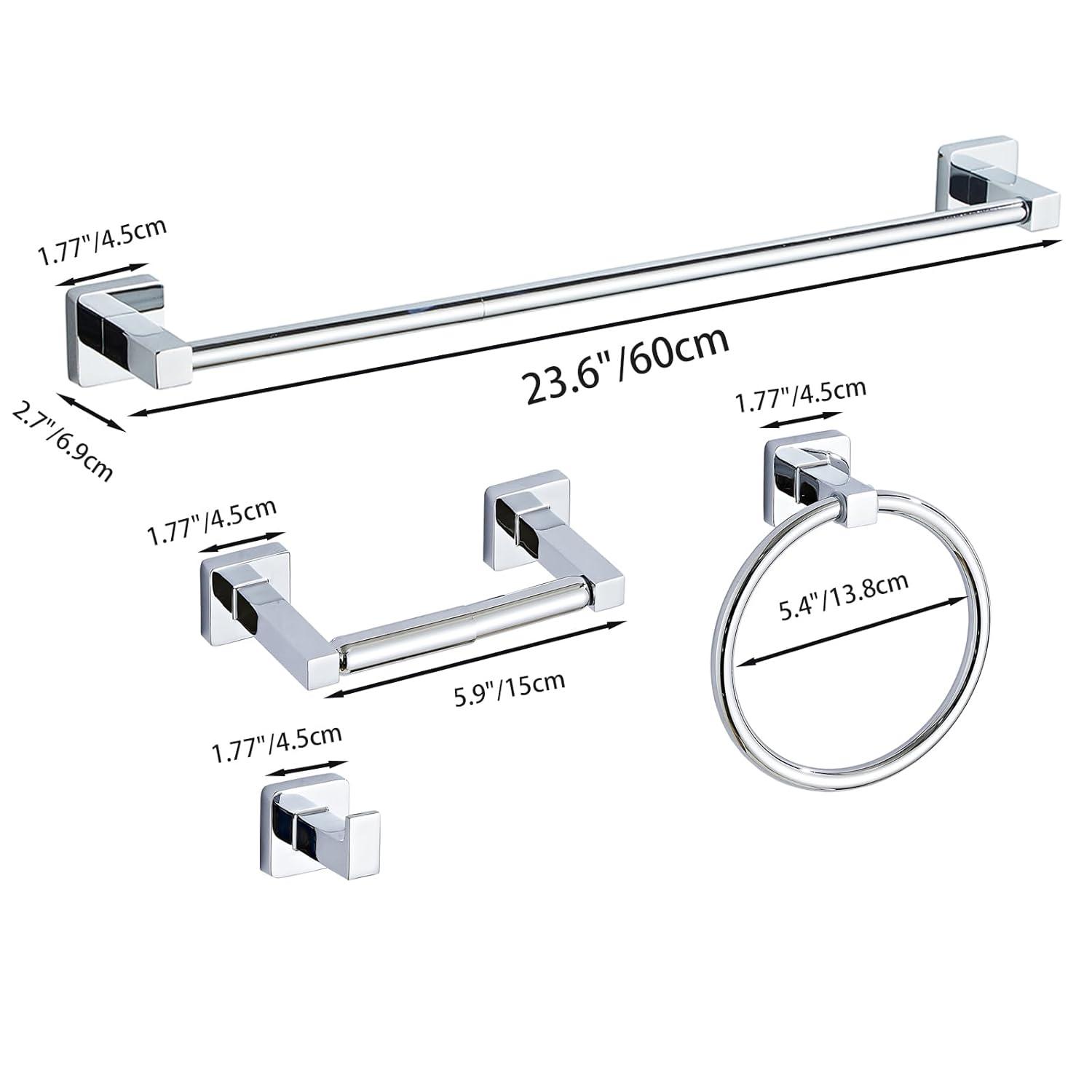 Chrome Bathroom Hardware Set 4 Pieces,Bathroom Accessories Set Stainless Steel Wall Mounted, Hand Towel Bar, Towel Ring, Robe Towel Hooks,Toilet Paper Holder,Towel Bar Set, 23.6 Inch