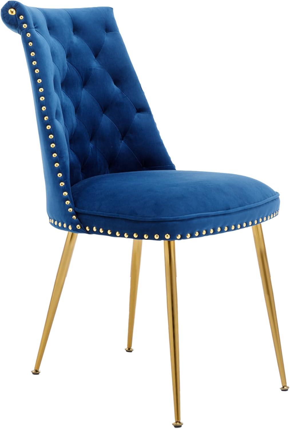 Velvet Upholstered Dining Chairs, Set of 2, Dining Room Tufted Chair, Modern Button Tufted Armless Chairs with Nailhead Trim and Back Ring Pull, Gold Legs, for Dining Room, Kitchen, Navy