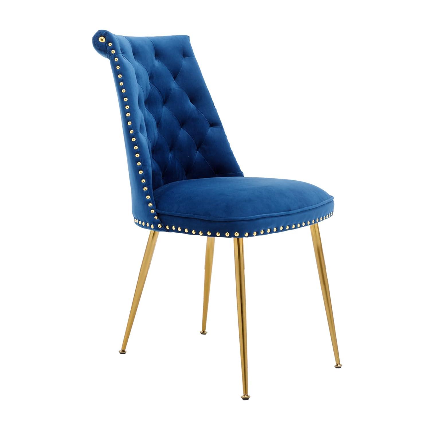 Velvet Upholstered Dining Chairs, Set of 2, Dining Room Tufted Chair, Modern Button Tufted Armless Chairs with Nailhead Trim and Back Ring Pull, Gold Legs, for Dining Room, Kitchen, Navy