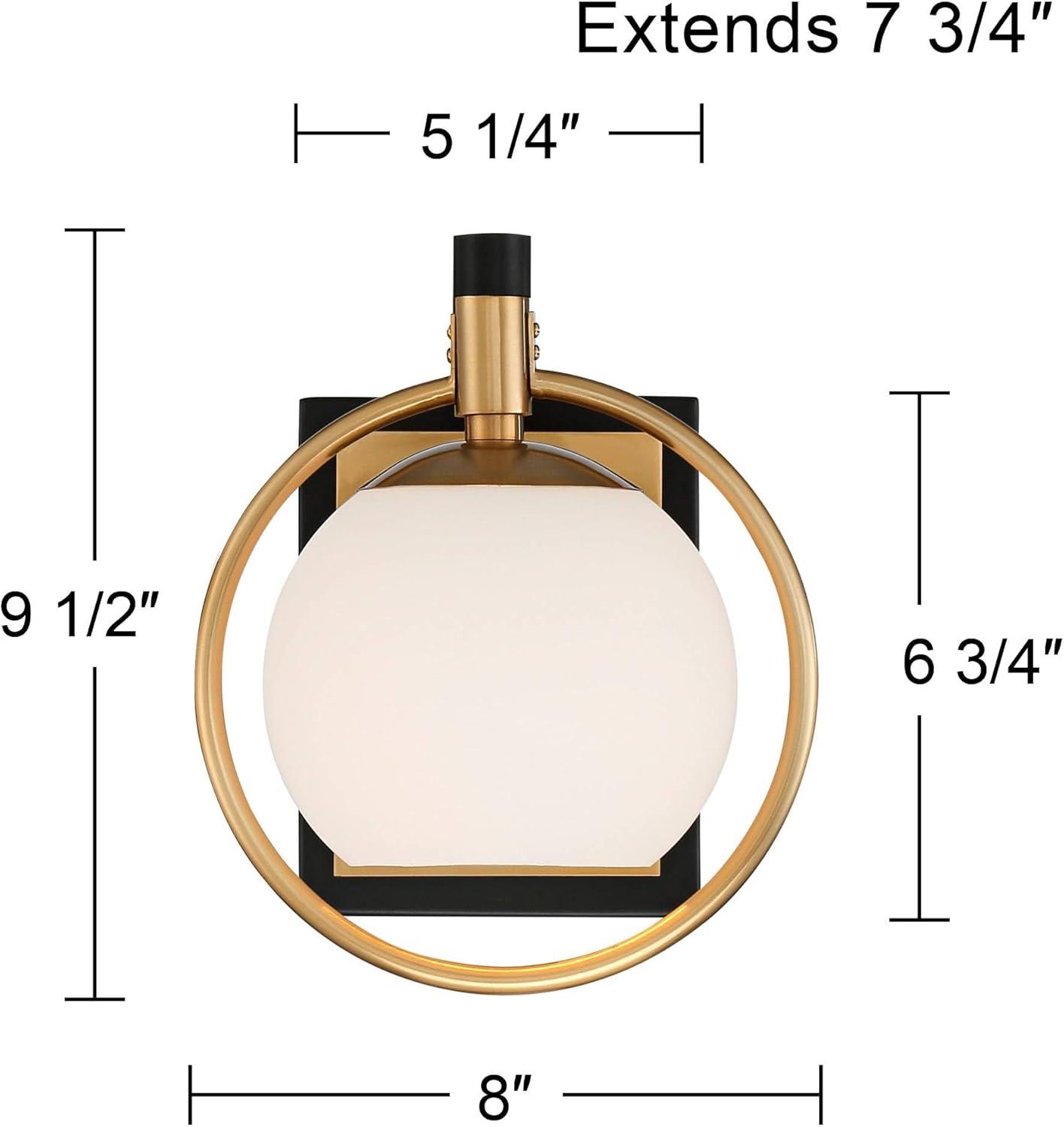 Possini Euro Design Carlyn Modern Wall Light Sconce Warm Brass Black Hardwire 8" Fixture Milky White Globe Glass for Bedroom Bathroom Vanity Reading