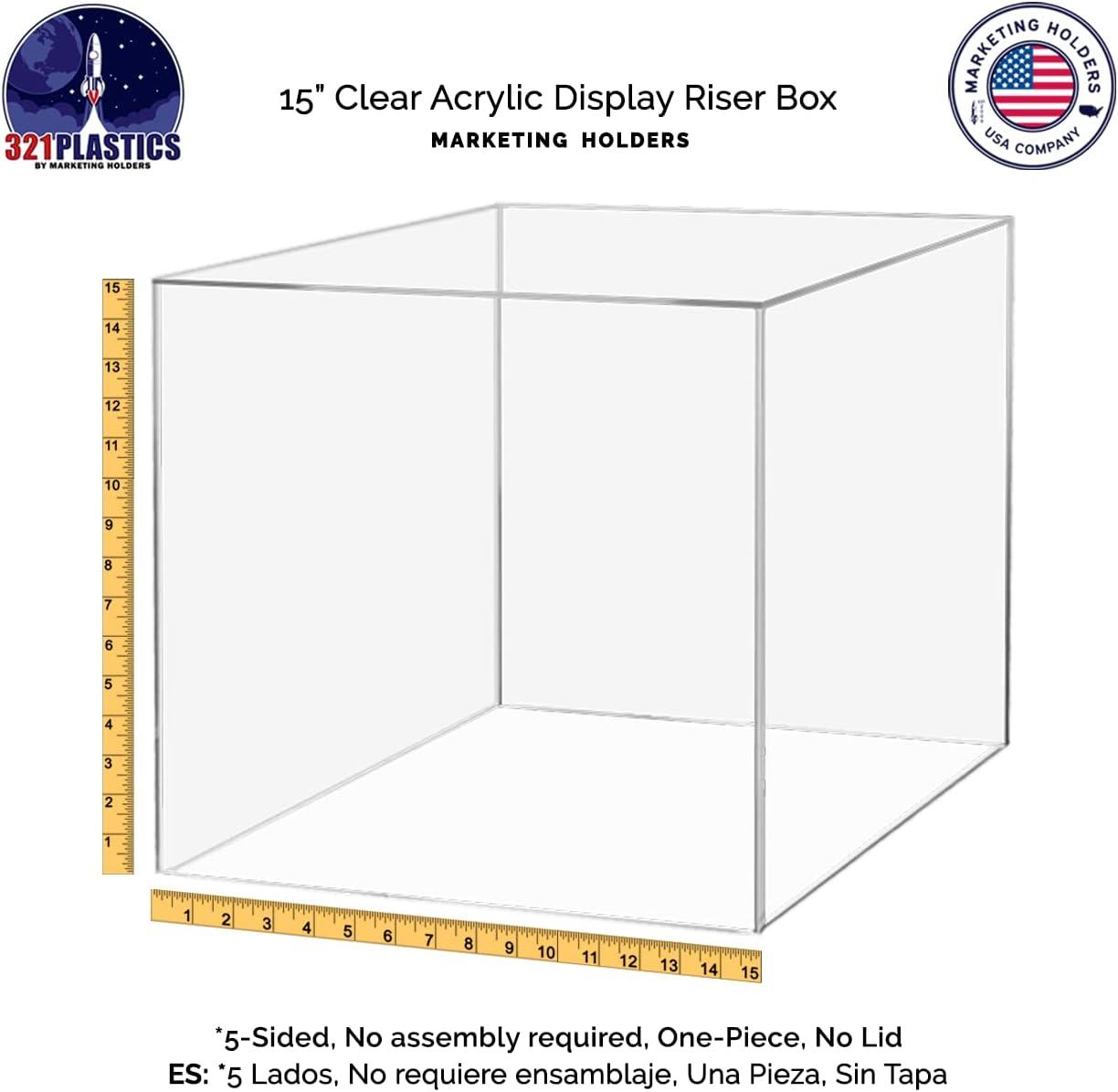 15" Clear Acrylic Display Riser Box with One Open Side No Lid Versatile One Piece Square Plastic Merchandise Storage Bin or Retail Product Riser No Assembly by Marketing Holders
