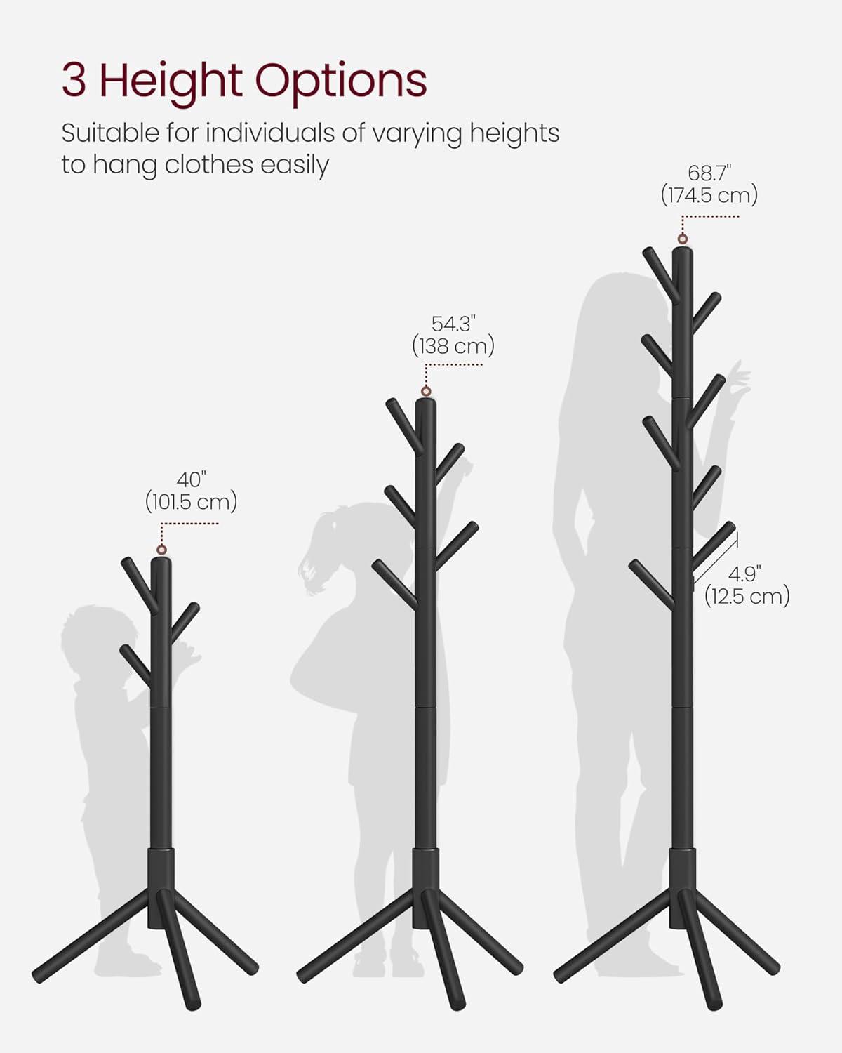 VASAGLE 8 Hooks Solid Wood Coat Rack Free Standing Coat Rack Tree-Shaped Coat Rack Black