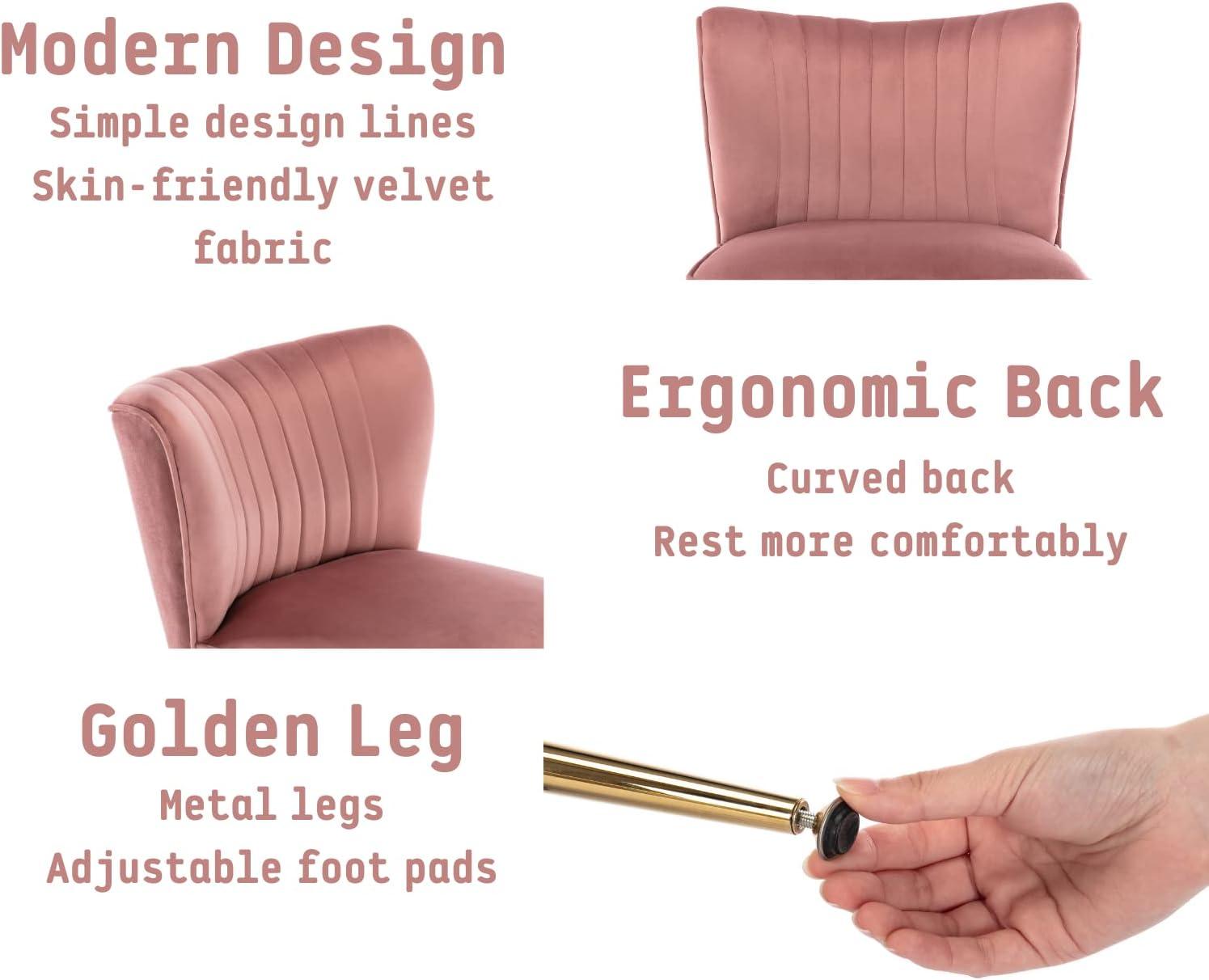 Guyou Modern Accent Chair Set of 2, Armless Slipper Chair Velvet Upholstered Lounge Chair, Wingback Single Sofa Side Chair with Gold Legs for Living Room Bedroom, Pink