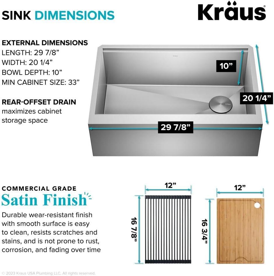 KRAUS Kore™ Workstation 30-inch L 16 Gauge Stainless Steel Single Bowl Farmhouse Kitchen Sink with Accessories