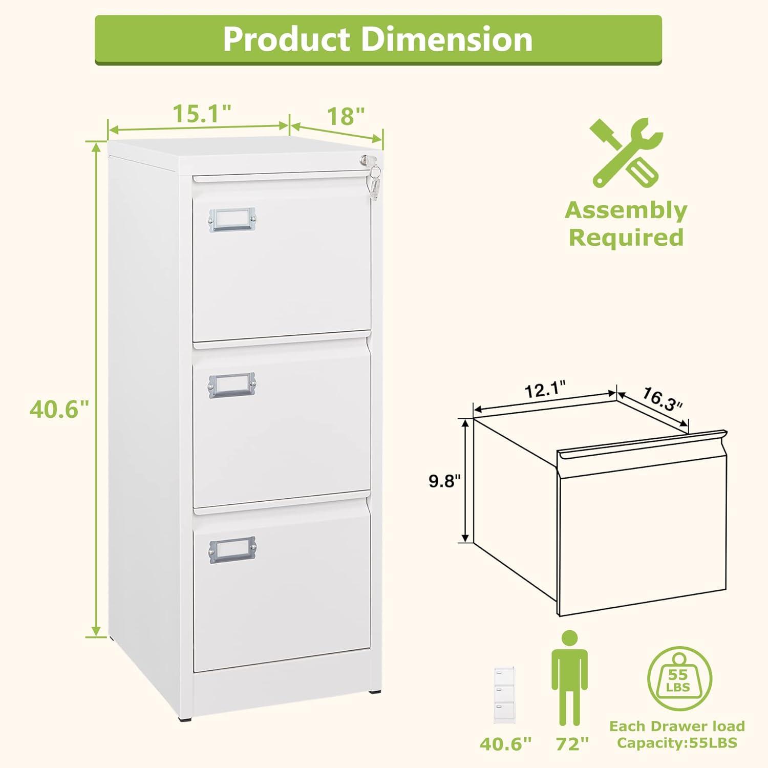 3 Drawers Vertical File Cabinets - 17.8" Deep Lockable Filing Cabinet - White Metal Storage Cabinets for Home Office to Hanging Files Letter/Legal/F4/A4 Size