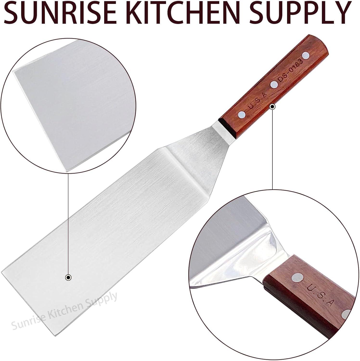 Sunrise 8" x 3" Stainless Steel Turner Spatula with Wood Handle (Flexible Blade) for Griddle, Hibachi, Teriyaki & BBQ Grill Cooking