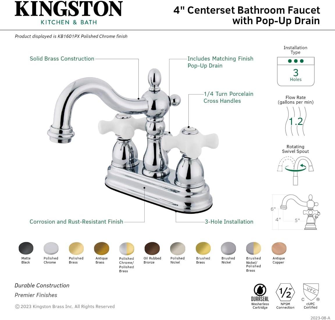 Kingston Brass Heritage Two-Handle 3-Hole Deck Mount 4" Centerset Bathroom Faucet with Plastic Pop-Up