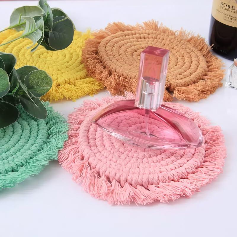 2 Posavasos Bohemios de Macramé para Bebidas, Posavasos Absorbentes con Borla, Posavasos Redondos de Algodón Hechos a Mano de 7 Pulgadas para Mesa de Escritorio, Cocina, Oficina, Hogar, Bar, Protección de Mesa, Regalo de Inauguración de la Casa, Rosa