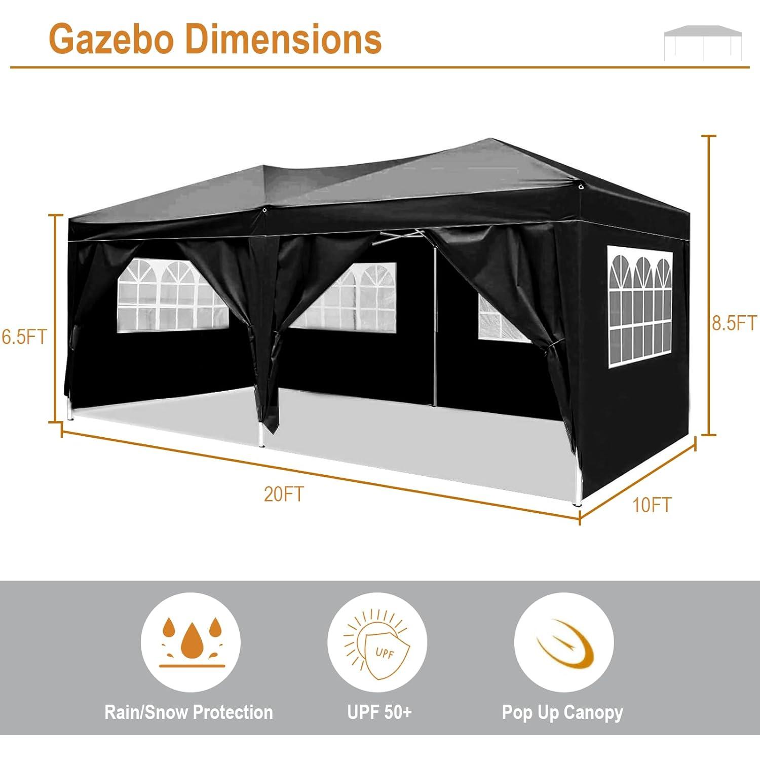 10x20 Black Pop Up Canopy Outdoor Party Tent with 6 Sidewalls, Wedding Party Tent Outdoor Waterproof UV50 Canopy Event Shelter Tents for Parties, 6 pcs Weight Bag,Carry Bag