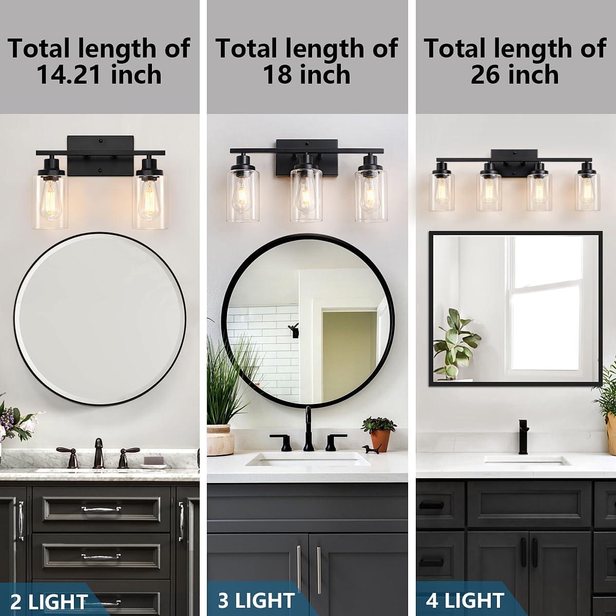 3-Light Bathroom Light Fixtures Bathroom Vanity Lights with Clear Glass Shades Matte Black Bathroom Light Fixtures over mirror for Mirror Living Room Cabinet Bedroom Porch