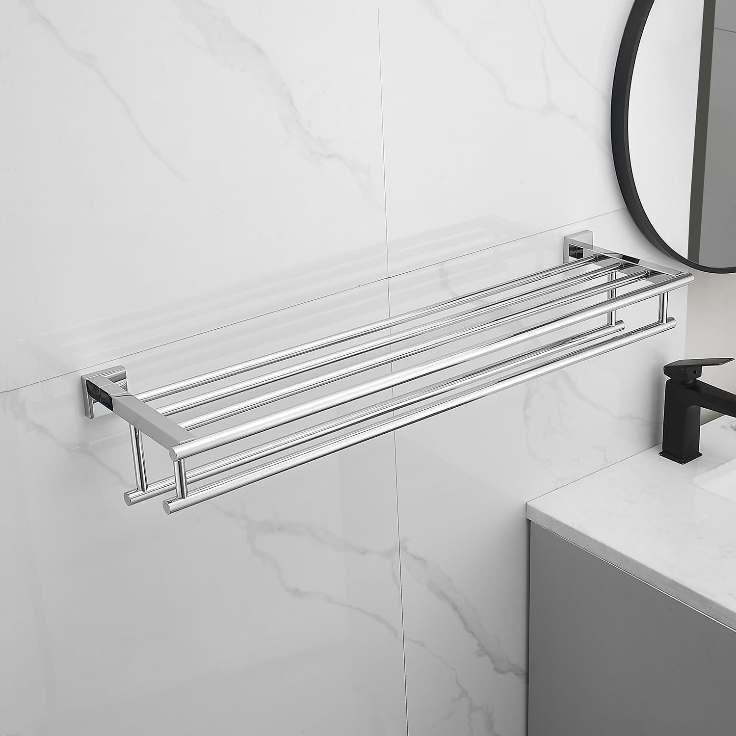 Bathroom Towel Rack with Double Towel Bar 32 Inch Bathroom Hotel Shower Shelf SUS304 Stainless Steel Modern Wall Mounted Holder Polished Chrome