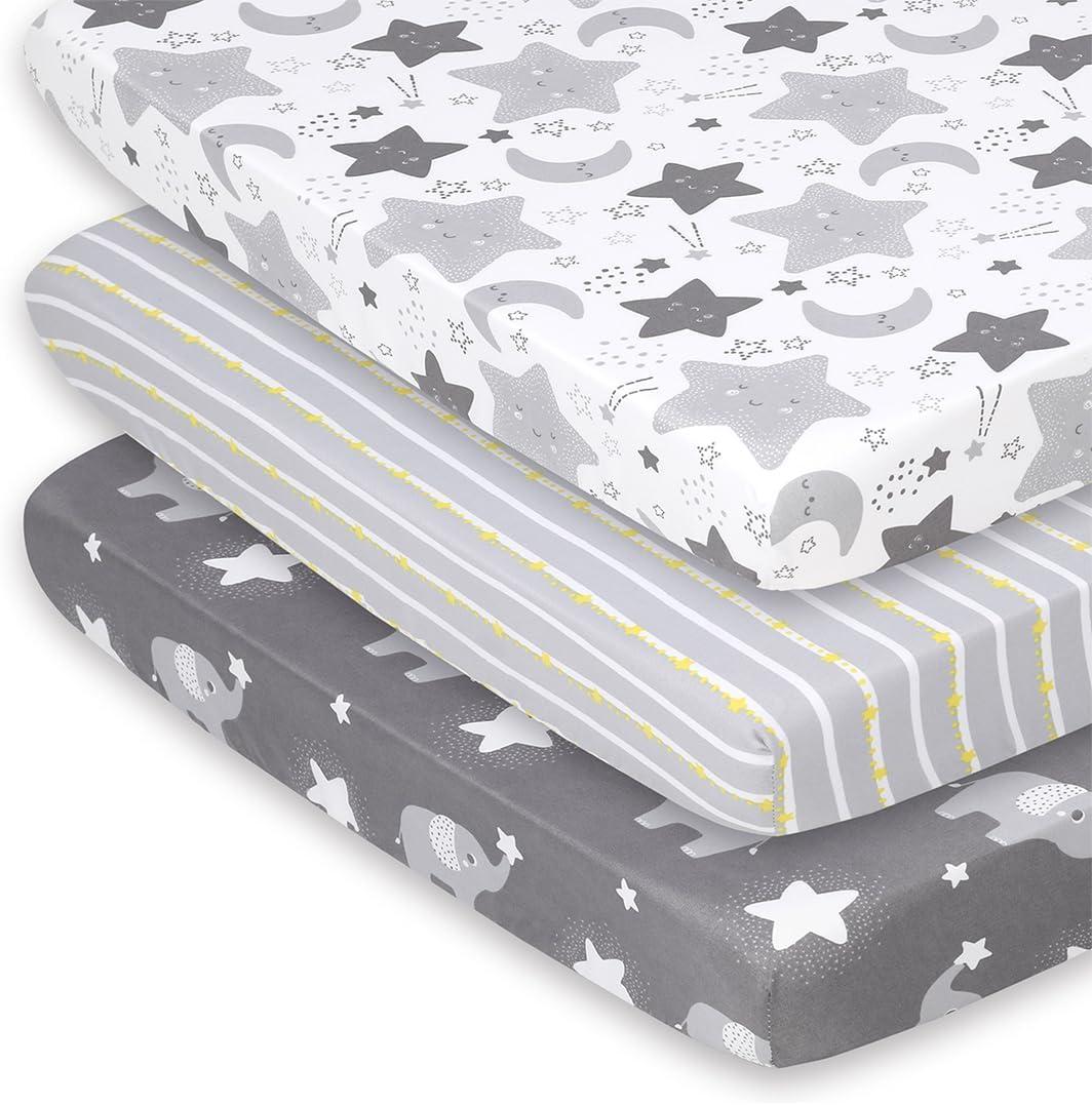 The Peanutshell Pack n Play, Mini Crib, Portable Crib or Fitted Playard Sheets for Baby Boy or Girl, Celestial Elephant, 3 Pack Set