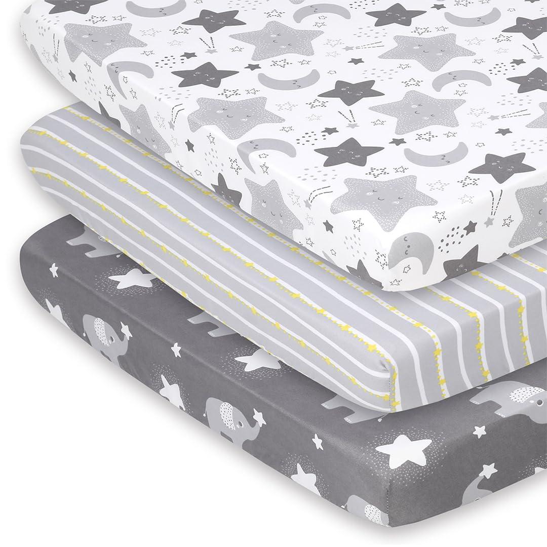 The Peanutshell Pack n Play, Mini Crib, Portable Crib or Fitted Playard Sheets for Baby Boy or Girl, Celestial Elephant, 3 Pack Set