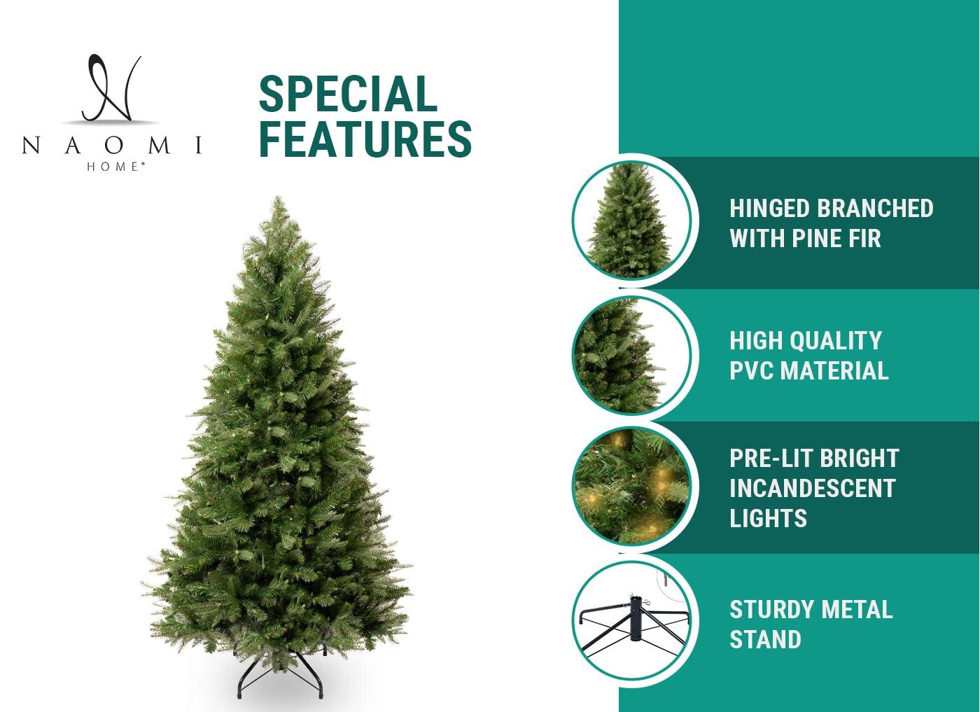 Naomi Home Traditional Artificial Pine Fir Christmas Tree with Lights-Base:Included,Color:Green,Size:6.5 ft