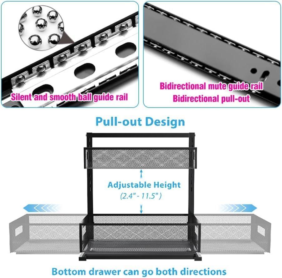 Black Adjustable Height 2-Tier Under Sink Organizer with Sliding Drawers