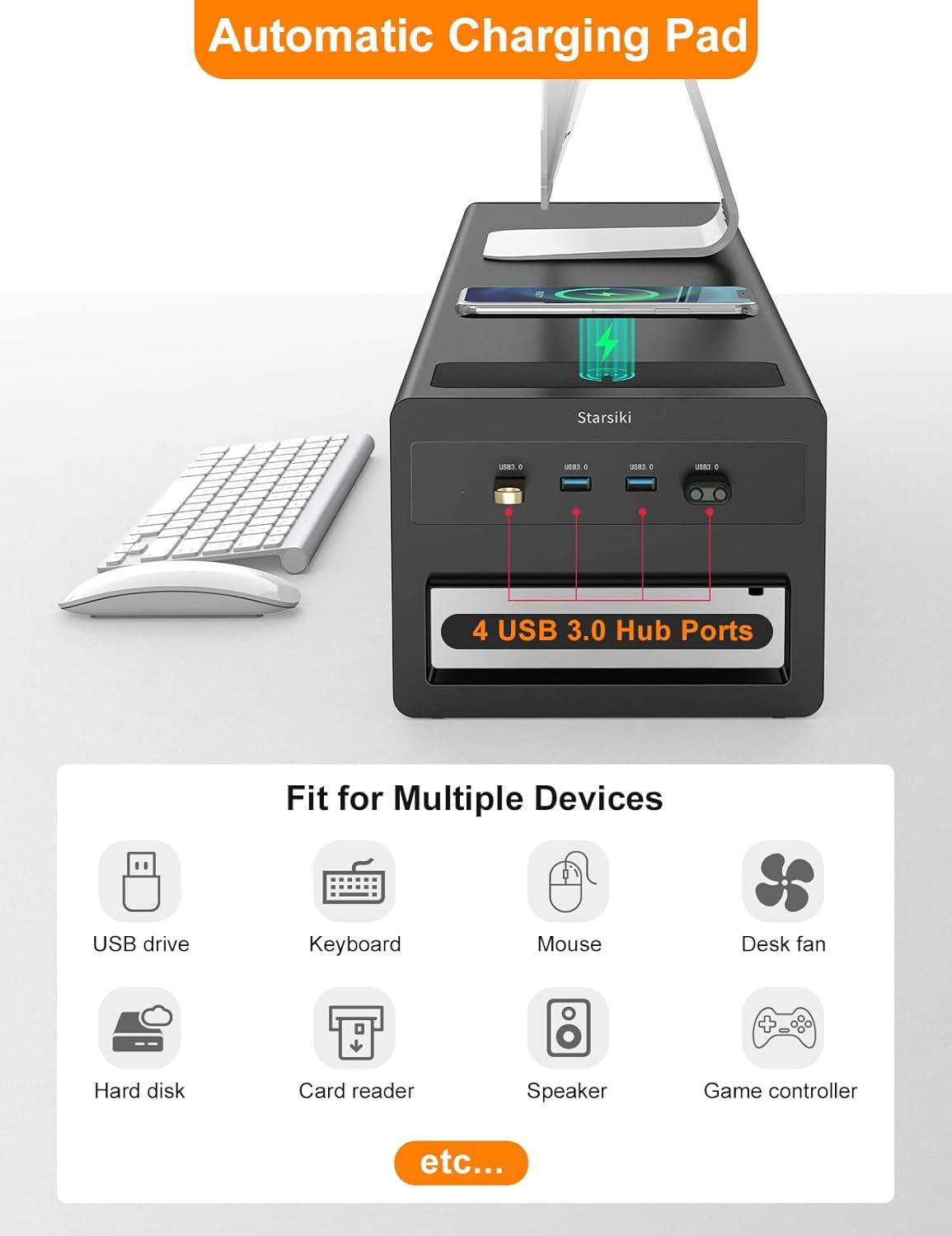 Black Metal Dual Monitor Stand with USB Ports and Storage