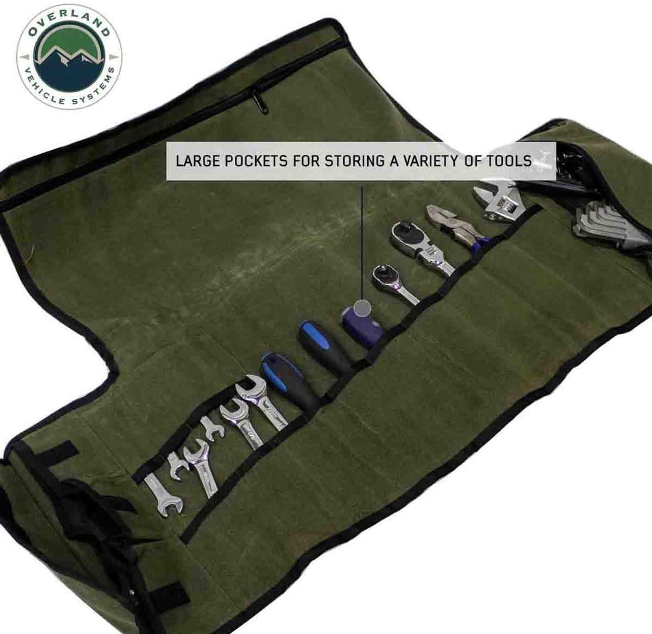 Overland Vehicle Systems Rolled General Tool Storage Bag - #16 Military Style Waxed Canvas - 19 Storage Pockets - Infused with Paraffin Wax Waterproofing