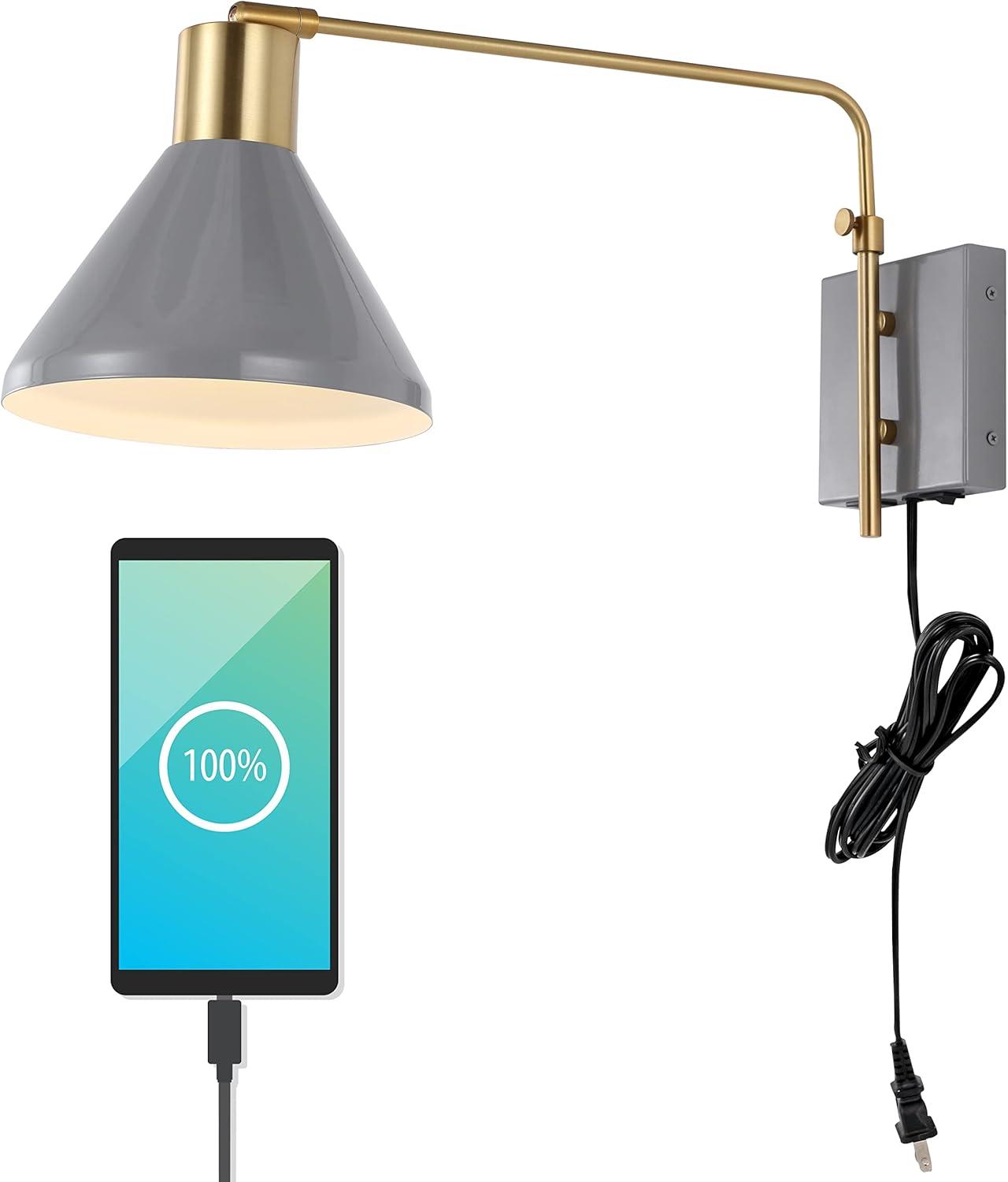 Max 20.5" Swing Arm 1-Light Modern Midcentury Iron USB Charging Port LED Sconce, Grey/Brass Gold