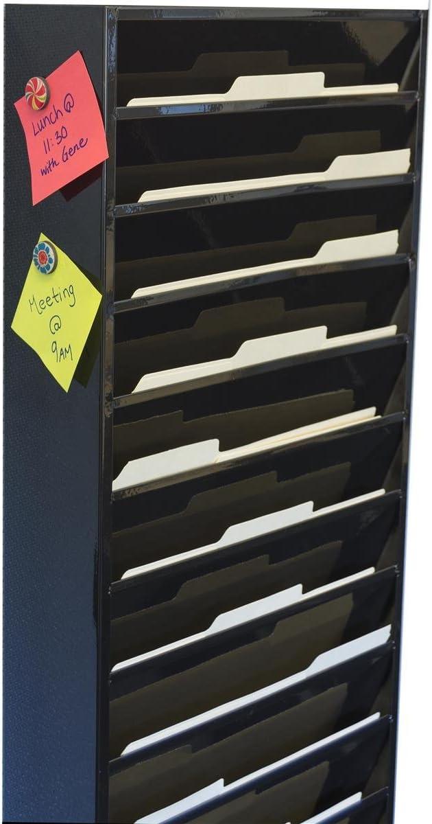 File Folder Wall Rack, 20 Pockets, Tiered, Office and Medical Charts (Black, Powder Coated Steel) (JMFF20BLK)