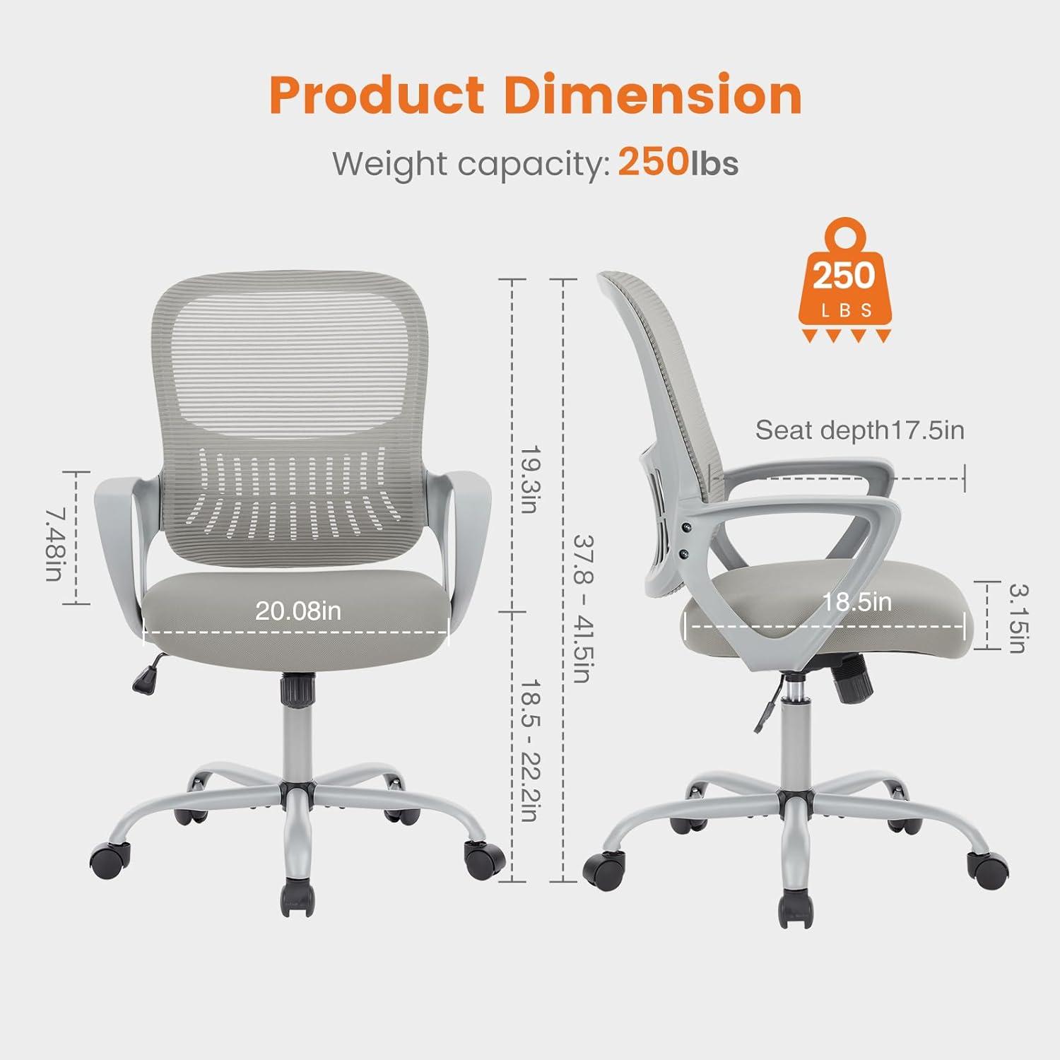 Sweetcrispy Office Computer Desk Managerial Executive Chair, Ergonomic Mid-Back Mesh Rolling Work Swivel Chairs with Wheels, Comfortable Lumbar Support, Comfy Arms for Home,Bedroom,Study,Student,Grey
