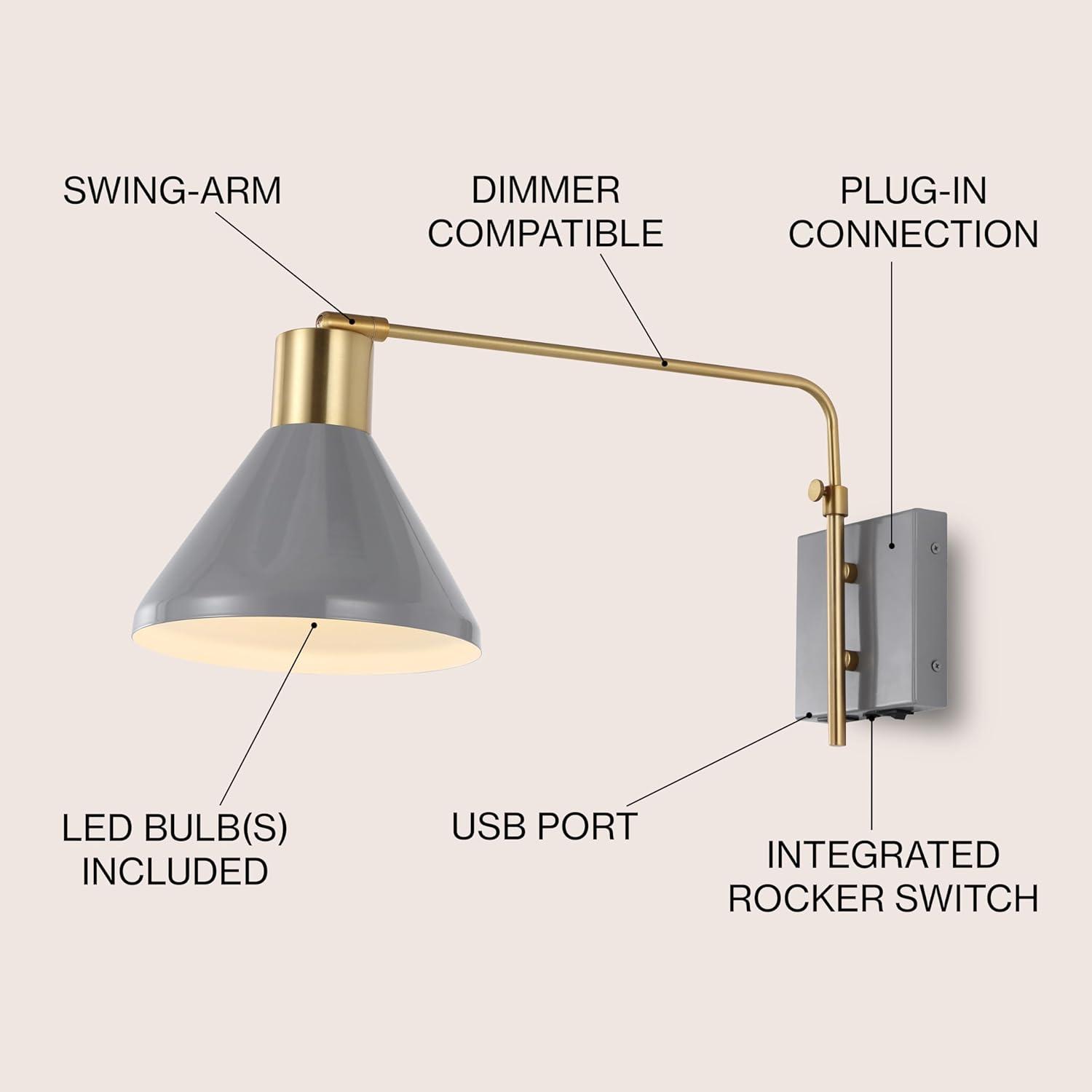 Max 20.5" Swing Arm 1-Light Modern Midcentury Iron USB Charging Port LED Sconce, Grey/Brass Gold