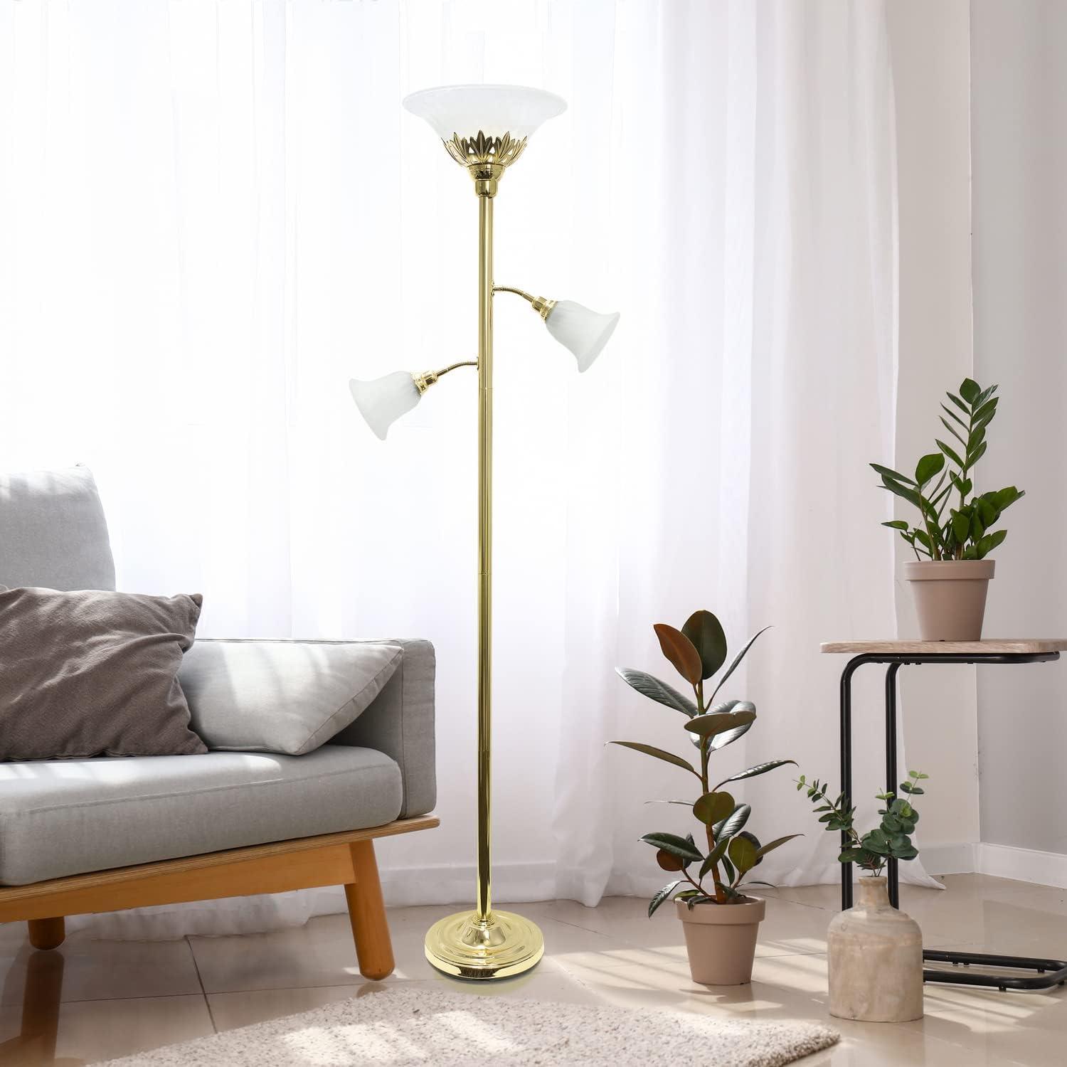 Torchiere Floor Lamp with 2 Reading Lights and Scalloped Glass Shades - Lalia Home