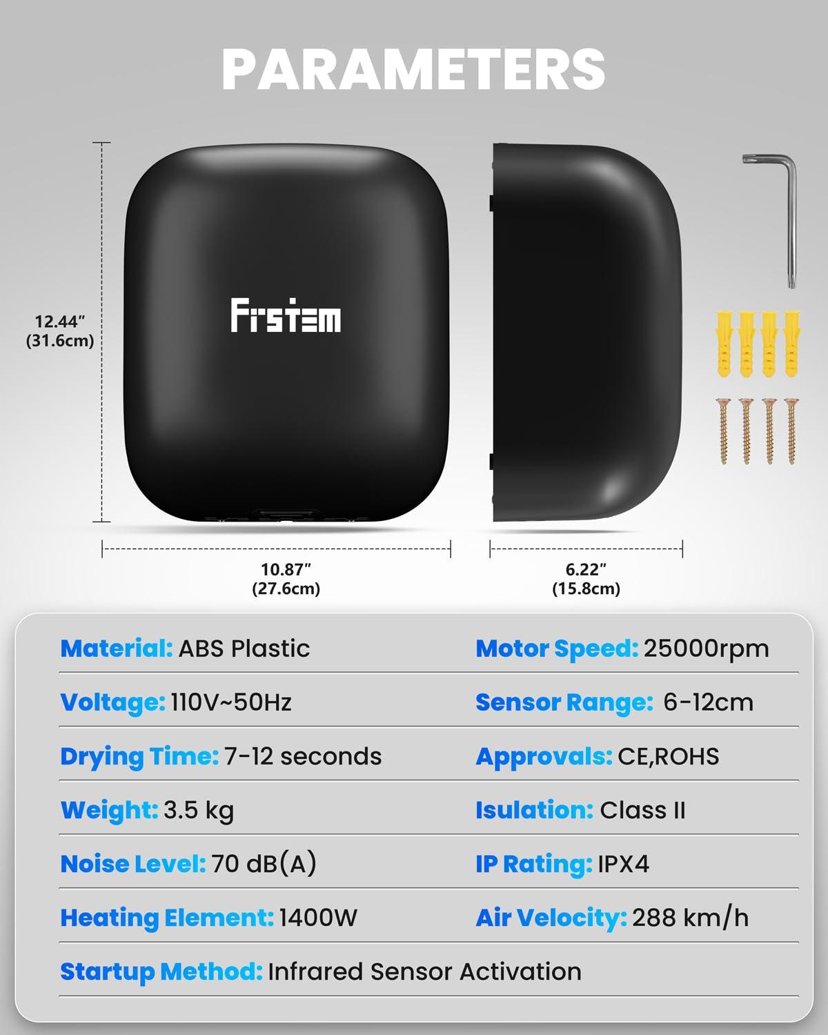 Frstem 1400W Commercial Hand Dryers, Automatic High Speed Hand Dryer Machine With Auto-Infrared Sensor&Smart Temp Control, Air Wiper Compact Hand Dryer For Home, Bathrooms, Restaurants, Hotels, Black