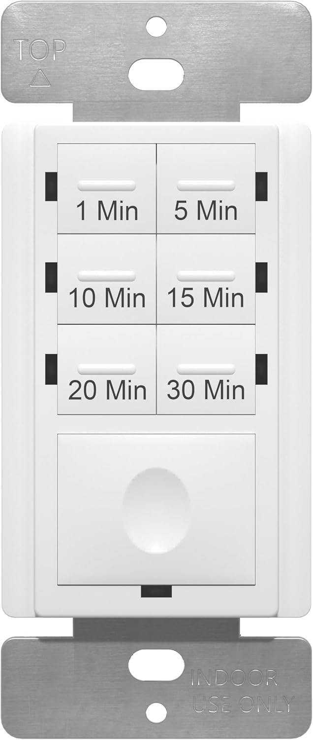 ENERLITES 30-Minute Countdown Timer Switch, 1-30 Min, for Bathroom Fans, Heaters, Lights, LED Indicator, 120VAC 800W, No Neutral Wire Required, UL Listed, HET06A-J-W, White