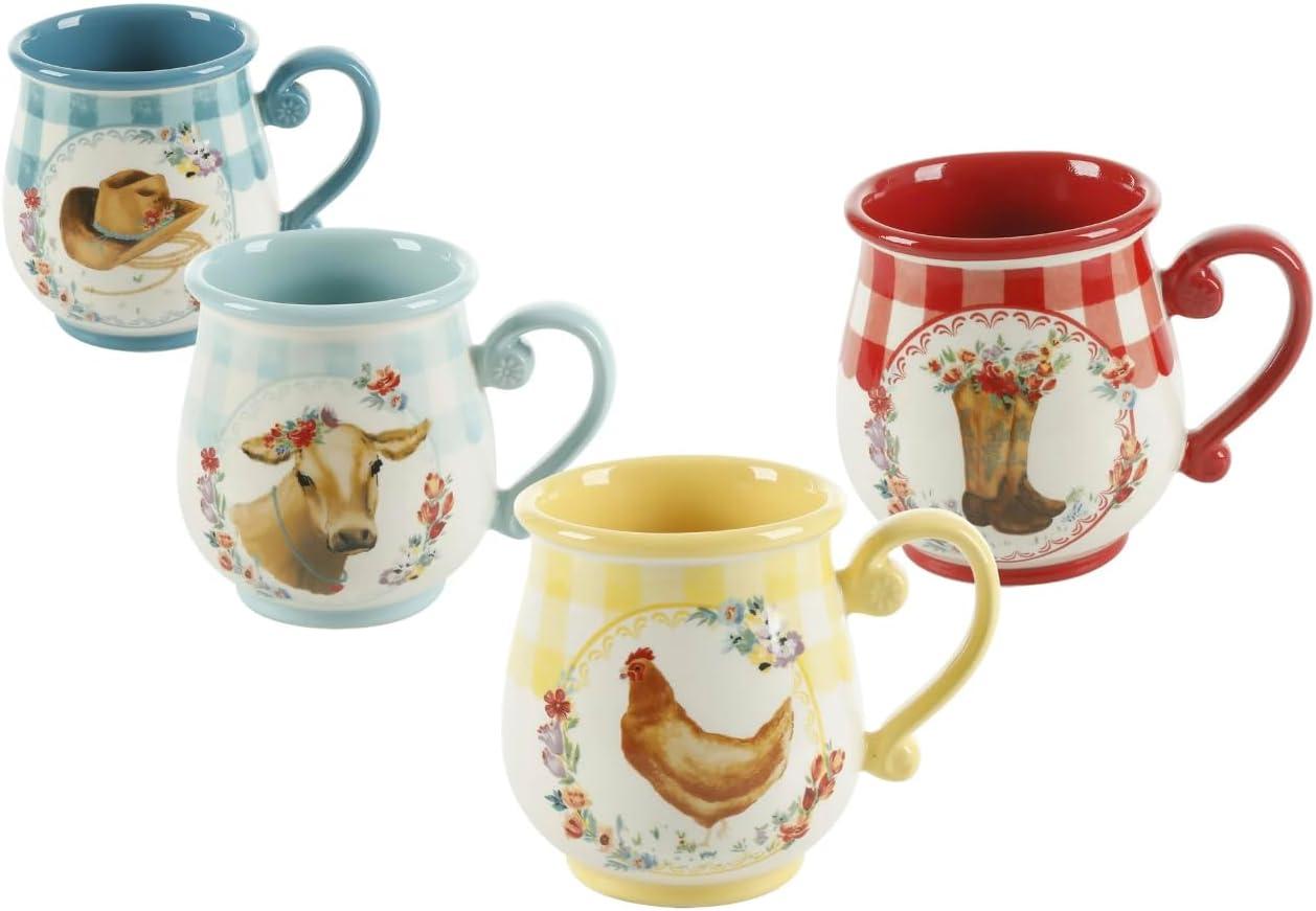 The Pioneer Woman Novelty Gingham 16 oz Multi-Color Stoneware Mugs, Set of 4