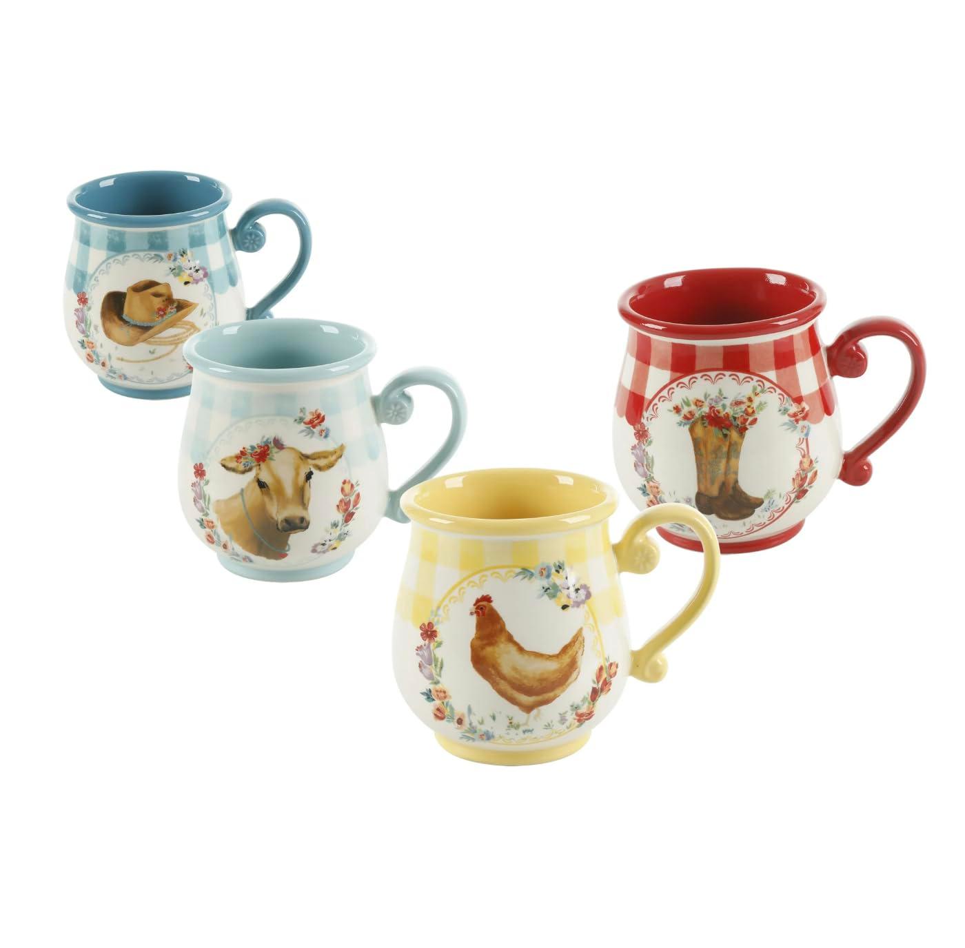 The Pioneer Woman Novelty Gingham 16 oz Multi-Color Stoneware Mugs, Set of 4