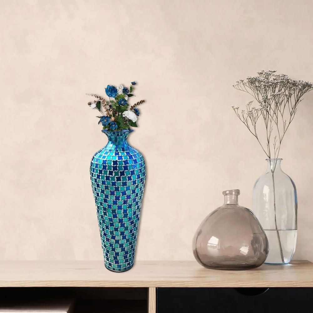 Mosaic Vase, 20 Inch Floor Vase, Decorative Tall Vase for Home Decor Geometric Pattern Metal Vase with Glass Mosaic- Blue and Turquoise Tessellation Pattern