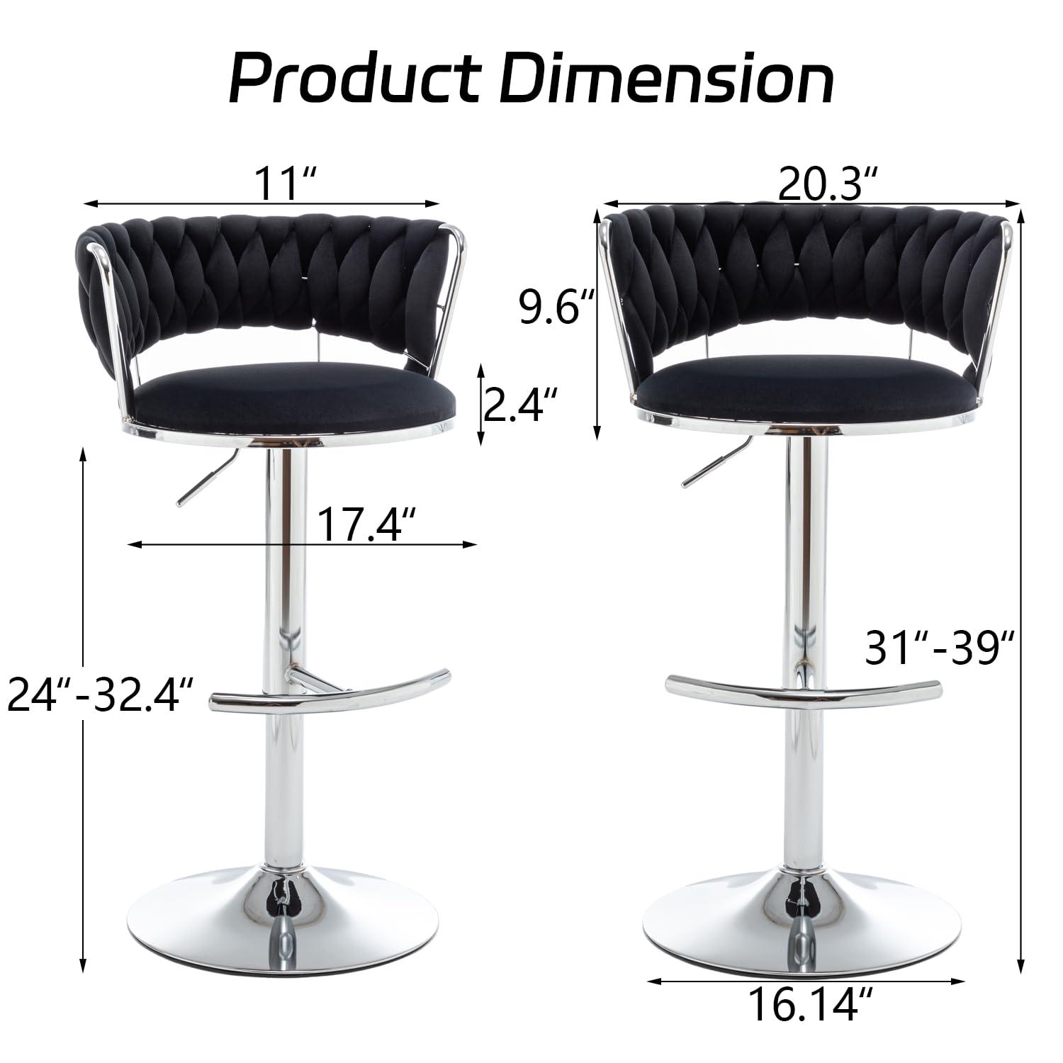 Velvet Bar Stools Set of 2, Counter Height Barstools with Low Back, Swivel Bar Stool for Kitchen Island, Pub (Black)