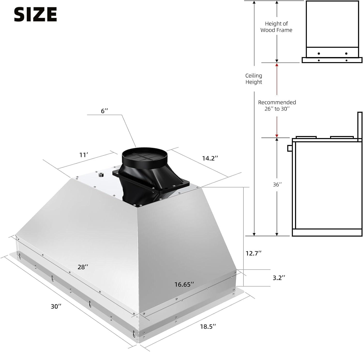 30 Inch Stainless Steel Convertible Insert Range Hood with LED Lights