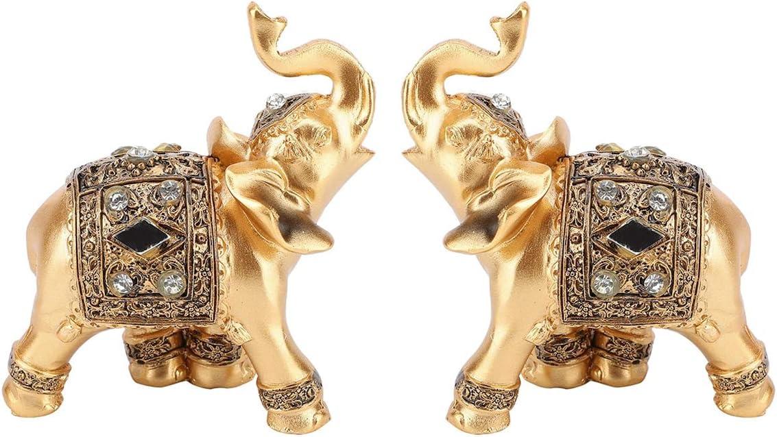 Golden Resin Feng Shui Elephant Statue Pair with Jewel Accents