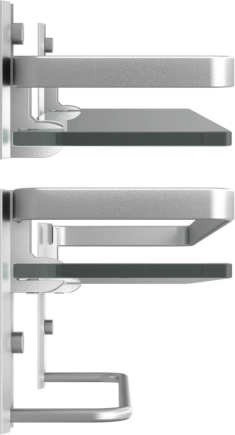 Matte Silver Bathroom Shelves Wall Mounted- Clear Tempered Glass Shelf with Towel Bar and Hand Towel Holder