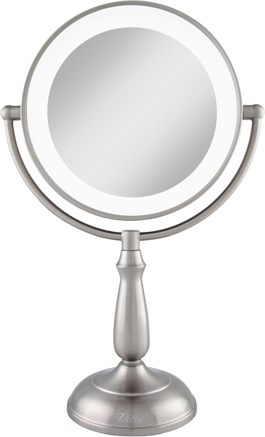 Satin Nickel Round LED Lighted Makeup Mirror with 5X/1X Magnification