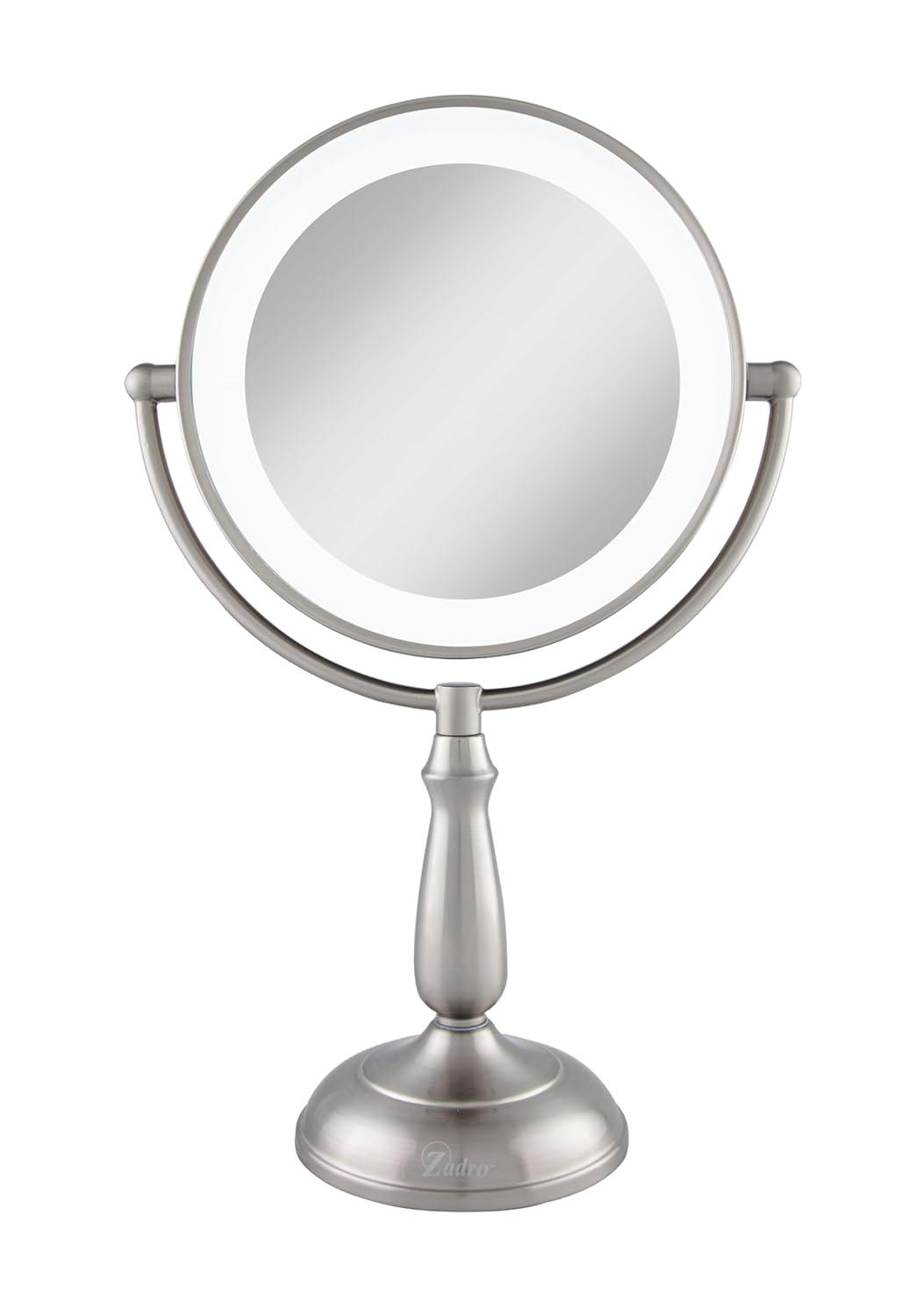 Satin Nickel Round LED Lighted Makeup Mirror with 5X/1X Magnification