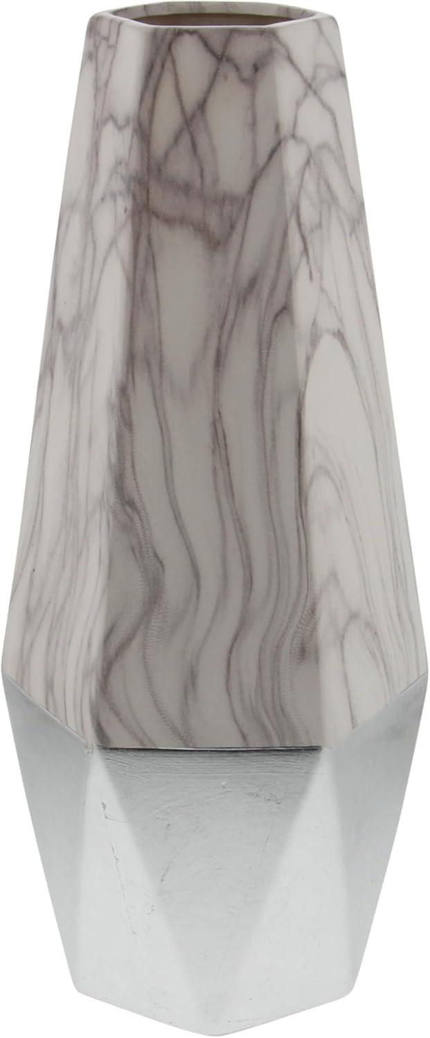 Leyt Ceramic Faux Marble Decorative Gray Vase with Silver Base