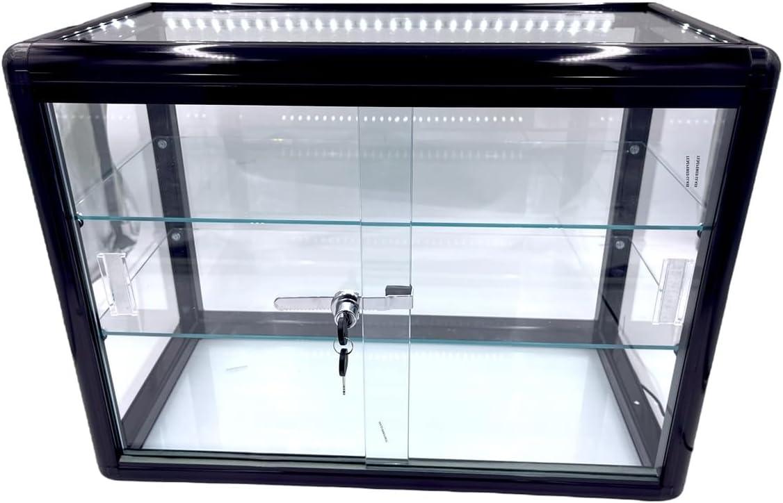 Only Garment Racks Elegant Black Aluminum Display Table Top Tempered Glass Show Case. Sliding Glass Doors with Lock