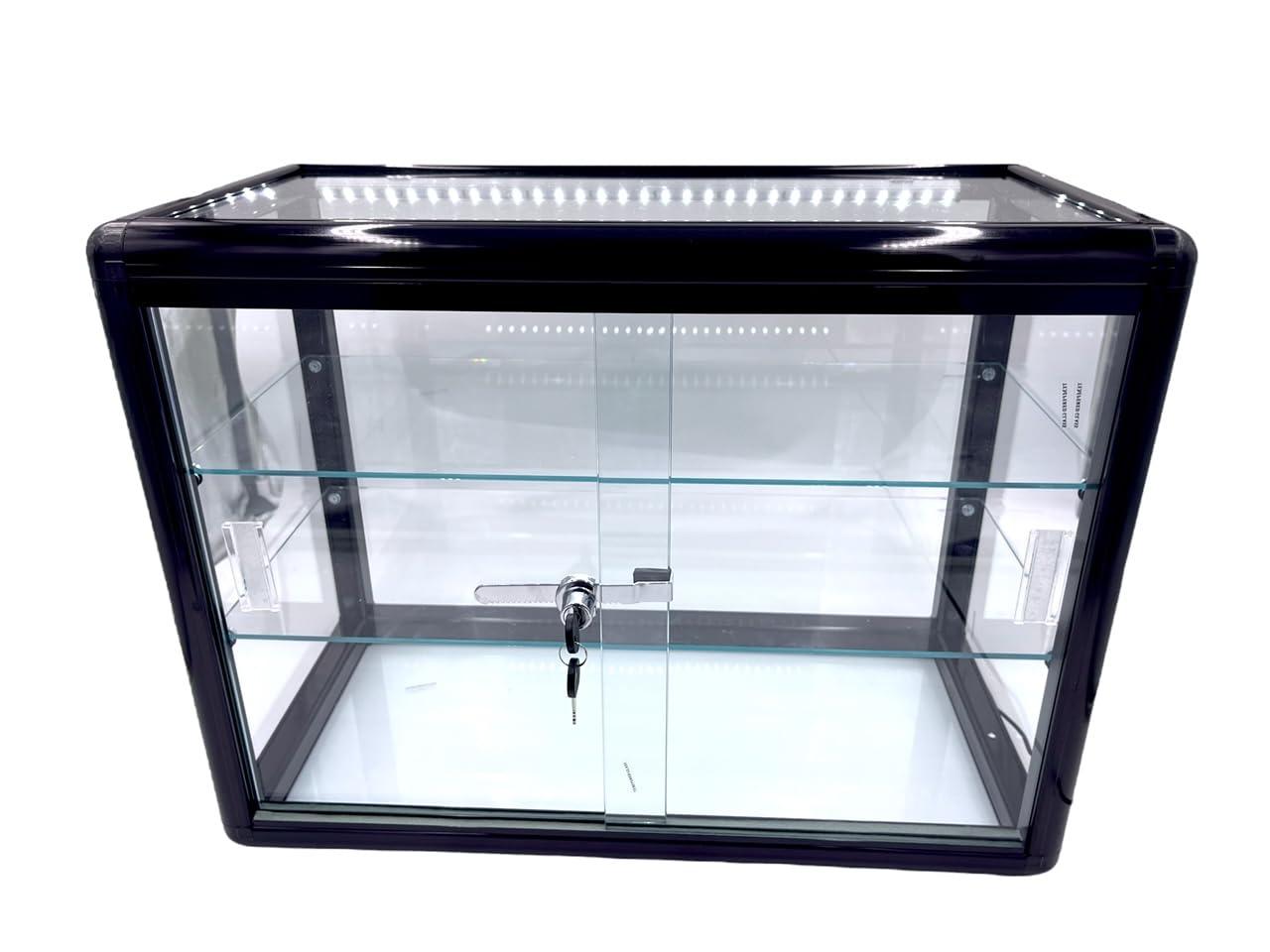 Only Garment Racks Elegant Black Aluminum Display Table Top Tempered Glass Show Case. Sliding Glass Doors with Lock