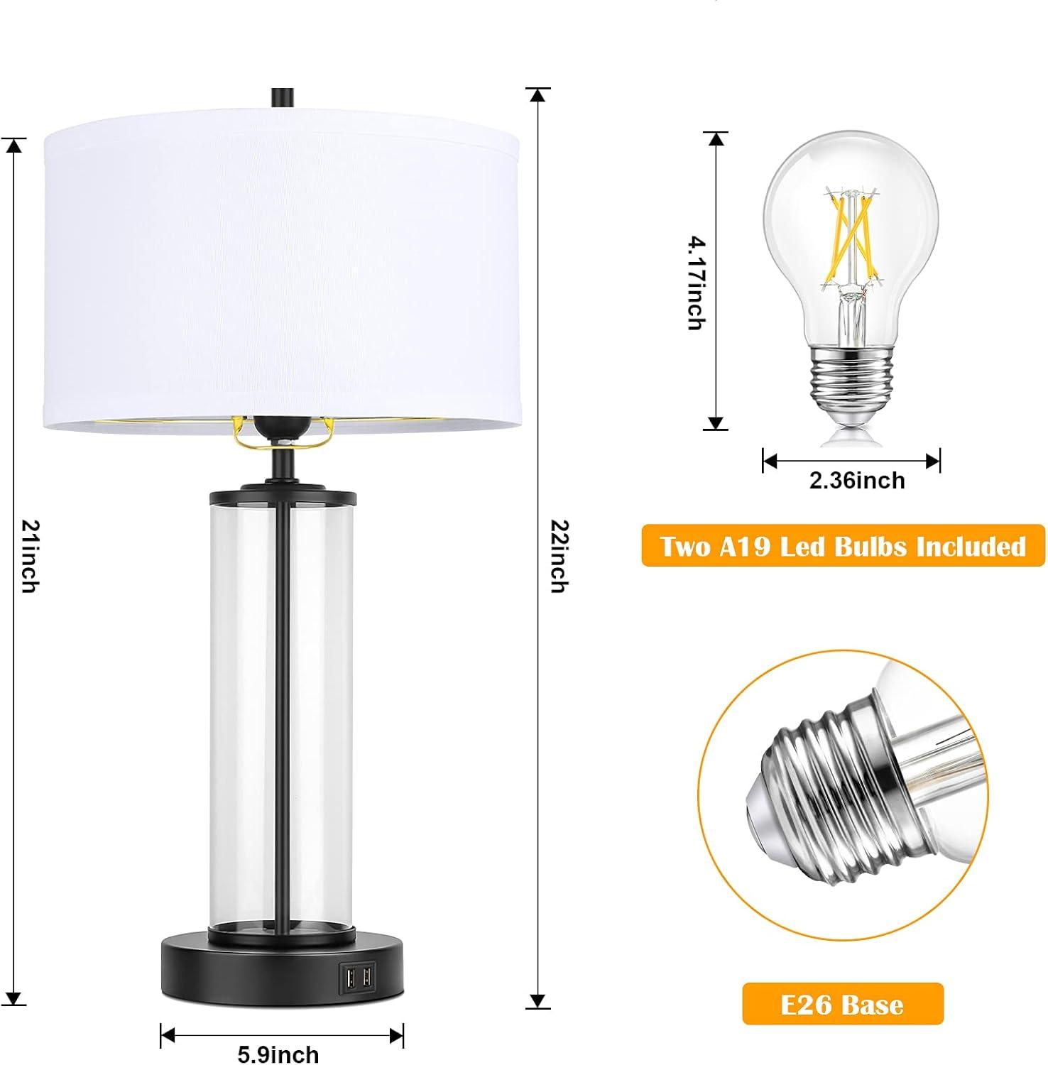 Modern Touch Control Table Lamps with 2 USB Ports for Living Room Set of 2, 3-Way Dimmable Bedside Lamps with White Shades & Clear Glass for Bedroom Nightstand Hotel, Daylight 5000K LED Bulbs Included